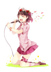 Rule 34 | 1girl, :d, ^ ^, amami haruka, bad id, bad pixiv id, bracelet, brown hair, closed eyes, closed eyes, flower, hair flower, hair ornament, holding, idolmaster, idolmaster (classic), jewelry, kneeling, microphone, open mouth, petals, pun2, skirt, smile, solo, white background