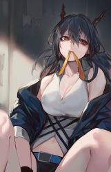 Rule 34 | 1girl, arknights, bare shoulders, belt, black shorts, blue belt, blue hair, ch&#039;en (arknights), collared shirt, dragon horns, hair between eyes, highres, horns, jacket, jam (nandade), leaning back, long hair, looking to the side, mouth hold, multicolored neckwear, navel, necktie, necktie in mouth, neckwear request, off shoulder, red eyes, shirt, shorts, sitting, sleeveless, sleeveless shirt, thighs, undone necktie, white shirt, yellow neckwear