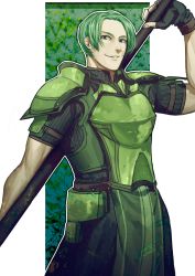 Rule 34 | 1boy, armor, bad id, bad pixiv id, breastplate, commentary request, eyebrows, fingerless gloves, fire emblem, fire emblem echoes: shadows of valentia, forsyth (fire emblem), gloves, green armor, green eyes, green hair, hair over one eye, highres, holding, holding weapon, male focus, nintendo, short sleeves, shoulder armor, simple background, smile, solo, tabard, uguisu (ryu), upper body, weapon