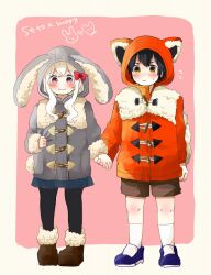 Rule 34 | 1boy, 1girl, aged down, animal ears, animal hood, arm at side, black hair, black pantyhose, blue footwear, blue skirt, blush, bow, brown eyes, brown footwear, brown shorts, character name, closed mouth, coat, commentary request, double-parted bangs, duffel coat, flying sweatdrops, fox ears, framed, friends, full body, fur-trimmed coat, fur-trimmed footwear, fur-trimmed sleeves, fur trim, grey coat, hair bow, hair over shoulder, heart, highres, holding hands, hood, hood up, hooded coat, kagerou project, kozakura marry, long hair, long sleeves, looking down, looking to the side, lop rabbit ears, mekakucity actors, orange coat, outside border, pantyhose, partial commentary, pink background, pink eyes, pleated skirt, rabbit ears, red bow, sakusakusakuran, seto kousuke, short hair, shorts, sidelocks, simple background, skirt, smile, socks, standing, sweat, toggles, two-tone background, two-tone eyes, two-tone footwear, wavy hair, white background, white footwear, white hair, white socks, winter clothes, yellow eyes