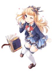 Rule 34 | 10s, 1girl, blonde hair, book, cagliostro (granblue fantasy), cagliostro (youthful uniform) (granblue fantasy), funyariko, granblue fantasy, hair ornament, highres, long hair, one eye closed, purple eyes, simple background, skirt, solo, thighhighs, tongue, tongue out, white background, white thighhighs
