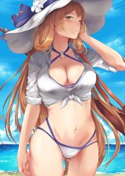 Rule 34 | 1girl, adjusting hair, alternate costume, arm at side, artist name, bare legs, beach, bikini, blue sky, blush, bolt action, breasts, cleavage, closed mouth, cloud, collarbone, collared shirt, cowboy shot, criss-cross halter, day, female focus, girls&#039; frontline, green eyes, groin, gun, hair between eyes, hair rings, halterneck, hand up, hat, highleg, highleg bikini, highleg swimsuit, highres, hiroki ree, large breasts, legs, light brown hair, long hair, looking at viewer, m1903 springfield, navel, neck, o-ring, o-ring bikini, o-ring swimsuit, o-ring top, ocean, open clothes, open shirt, outdoors, rifle, sand, see-through, shirt, sidelocks, signature, sky, sleeves rolled up, smile, solo, springfield (girls&#039; frontline), standing, stomach, summer, sun hat, swimsuit, thighs, tied shirt, water, weapon, weapon on back, white bikini, white hat, white shirt