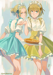 annie_leonhart arm_up armin_arlert artist_name blonde_hair blue_eyes blue_skirt blush closed_mouth crossdressing feet_out_of_frame food frilled_skirt frills grasshopper193 highres holding holding_plate kneepits knees_together_feet_apart looking_at_viewer looking_back maid maid_headdress pie plate puffy_short_sleeves puffy_sleeves shingeki_no_kyojin short_hair short_sleeves skirt standing suspender_skirt suspenders turning_head twitter_username updo yellow_skirt