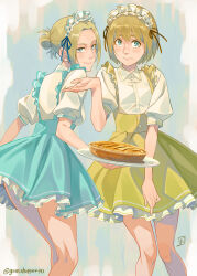 Rule 34 | annie leonhart, arm up, armin arlert, artist name, blonde hair, blue eyes, blue skirt, blush, closed mouth, crossdressing, feet out of frame, food, frilled skirt, frills, grasshopper193, highres, holding, holding plate, kneepits, knees together feet apart, looking at viewer, looking back, maid, maid headdress, pie, plate, puffy short sleeves, puffy sleeves, shingeki no kyojin, short hair, short sleeves, skirt, standing, suspender skirt, suspenders, turning head, twitter username, updo, yellow skirt