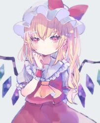 Rule 34 | 1girl, ascot, bat wings, blonde hair, crystal, flandre scarlet, hat, hat ribbon, hiyuu (hiyualice), mob cap, multicolored wings, one side up, puffy short sleeves, puffy sleeves, red eyes, red vest, ribbon, short sleeves, side ponytail, skirt, skirt set, solo, star (symbol), touhou, vest, white hat, wings, yellow ascot