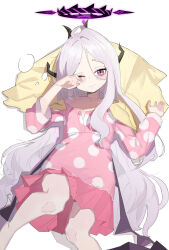 Rule 34 | 1girl, absurdres, ahoge, bags under eyes, black halo, black horns, blue archive, boller jiang, cardigan, demon horns, feet out of frame, halo, highres, hina (blue archive), hina (pajamas) (blue archive), horns, long hair, looking at viewer, lying, multiple horns, off shoulder, official alternate costume, on back, one eye closed, pajamas, parted bangs, pink pajamas, polka dot, polka dot pajamas, purple eyes, rubbing eyes, solo, teardrop, unworn cardigan, very long hair, waking up, white background, white hair, yellow cardigan