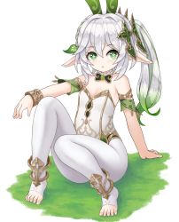 Rule 34 | 1girl, :o, absurdres, animal ears, anklet, arm support, bare shoulders, bow, bowtie, bracer, braid, breasts, colored tips, cross-shaped pupils, detached sleeves, fake animal ears, feet, full body, genshin impact, gold trim, gradient hair, green bow, green bowtie, green eyes, green hair, hair ornament, highres, jewelry, leaf hair ornament, leotard, long hair, looking at viewer, multicolored hair, nahida (genshin impact), pantyhose, parted lips, playboy bunny, pointy ears, poorgom, rabbit ears, short sleeves, side ponytail, simple background, sitting, small breasts, solo, stirrup legwear, strapless, strapless leotard, symbol-shaped pupils, toeless legwear, toes, two-tone hair, white background, white hair, white pantyhose