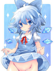 Rule 34 | 1girl, bad id, bad pixiv id, blue dress, blue eyes, blue hair, blue skirt, bow, cirno, clothes lift, dress, dress lift, hair bow, ice, ice wings, looking at viewer, matching hair/eyes, no panties, out-of-frame censoring, puffy sleeves, shirt, short sleeves, skirt, solo, sparkle, touhou, wings, zamudelin