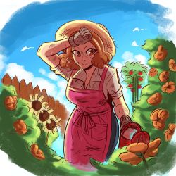 Rule 34 | 1girl, apron, blue sky, breasts, brown eyes, brown hair, closed mouth, cloud, dirty, dirty face, fence, flower, garden, gloves, hand up, happy, hat, highres, large breasts, looking down, matching hair/eyes, medium hair, okumura haru, outdoors, persona, persona 5, plant, scruffyturtles, shirt, short sleeves, sky, smile, solo, standing, sweat, watering can, wooden fence