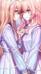 Rule 34 | 2girls, blue dress, blue eyes, blush, braid, closed mouth, collared dress, dress, facing another, from side, hairband, highres, holding, holding hands, holding ribbon, long hair, long sleeves, looking at another, looking at viewer, multiple girls, neck ribbon, orange hair, original, pink eyes, pink hair, pink ribbon, ribbon, side braid, wata (attaka towel), wrapped up, yuri