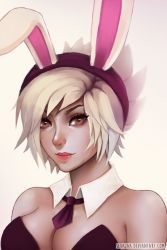 Rule 34 | 1girl, alternate costume, animal ears, bare shoulders, breasts, brown eyes, rabbit ears, playboy bunny, cleavage, cropped arms, detached collar, fake animal ears, league of legends, lips, lipstick, makeup, necktie, nose, pink background, riven (league of legends), serajaa, short hair, solo, watermark, white hair