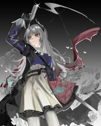Rule 34 | 1girl, absurdres, ammunition belt, arknights, armband, black gloves, black jacket, capelet, closed mouth, commentary, front-seamed legwear, glint, gloves, gradient background, grey eyes, grey hair, gun, handgun, head wings, highres, holding, holding gun, holding weapon, irene (arknights), jacket, pantyhose, populamalus, quilted clothes, scar, scar across eye, seamed legwear, sidelocks, skirt, smoke, smoking barrel, solo, sword, weapon, white capelet, white pantyhose, white skirt, wings