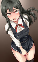 Rule 34 | 1girl, alternate costume, arm behind back, asashio (kancolle), asashio (kancolle) (cosplay), belt, black hair, black socks, blush, breasts, buttons, commentary request, cosplay, cowboy shot, dress, dress tug, hair between eyes, hair ornament, hairclip, highres, kamelie, kantai collection, kneehighs, long hair, long sleeves, look-alike, looking at viewer, medium breasts, neck ribbon, open mouth, oyashio (kancolle), pinafore dress, red ribbon, ribbon, school uniform, serafuku, shirt, sleeveless, sleeveless dress, socks, solo, suspenders, teeth, white shirt