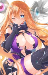 Rule 34 | 1girl, absurdres, artist name, bare shoulders, blue eyes, blush, breasts, chain, cleavage, commentary request, date a live, detached sleeves, feet out of frame, hair between eyes, highres, holding, holding chain, jam (jamjam777), kazamachi yamai, large breasts, long hair, looking at viewer, one eye closed, orange hair, shiny skin, smile, solo, torn clothes, very long hair, yamai kazamachi
