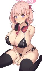 Rule 34 | 1girl, arm support, bare shoulders, between breasts, bikini, black bikini, blue archive, blush, breast zipper, breasts, closed mouth, eimi (blue archive), hair ornament, halo, headphones, headphones around neck, highres, huge breasts, long hair, looking at viewer, metsu end, necktie, necktie between breasts, pink hair, purple eyes, red necktie, simple background, sitting, skindentation, smile, solo, string bikini, swimsuit, thighhighs, wariza, white background, zipper, zipper pull tab