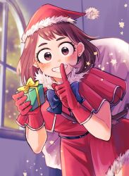 Rule 34 | 1girl, bag, belt, blush, boku no hero academia, bow, bowtie, box, brown eyes, brown hair, christmas, christmas present, commentary, dress, earrings, finger to mouth, gift, gift bag, gift box, gloves, hat, highres, holding, holding gift, jewelry, leaning forward, looking at viewer, red dress, santa costume, santa dress, santa gloves, santa hat, short hair, shushing, smile, snowflakes, snowing, solo, tabetai omochi, uraraka ochako