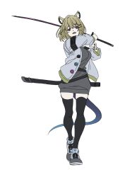 Rule 34 | 1girl, animal ears, arknights, armband, belt, black belt, black nails, black thighhighs, breasts, cross-laced footwear, fingernails, full body, grey footwear, grey sweater, hair ornament, hairclip, highres, holding, holding sword, holding weapon, jacket, katana, light brown hair, looking at viewer, medium breasts, nail polish, open clothes, open jacket, open mouth, purple eyes, scabbard, sharp fingernails, sheath, shoes, short hair, simple background, sneakers, solo, standing, sunomono, sweater, sword, tail, thighhighs, unsheathed, utage (arknights), weapon, white background, white jacket, x hair ornament, zettai ryouiki