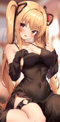 Rule 34 | 1girl, absurdres, bare shoulders, black dress, black ribbon, blonde hair, blurry, blurry background, blush, breasts, character request, cleavage, collarbone, commentary request, commission, copyright request, covered navel, detached sleeves, dress, hair between eyes, hair ribbon, hand on own chest, highres, jun (aousa0328), large breasts, long hair, looking at viewer, o-ring, o-ring thigh strap, open mouth, red eyes, ribbon, side slit, sitting, skeb commission, skin tight, sleeveless, sleeveless dress, sleeves past wrists, solo, thigh strap, twintails