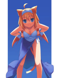 Rule 34 | 1girl, ahoge, animal ears, blue background, blue theme, breasts, cat ears, cat tail, cleavage, gradient background, hairband, hands on own hips, nanakusa, original, solo, tail