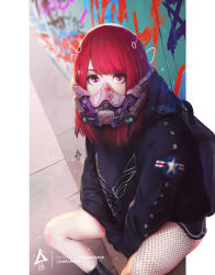 1girl aurahack backpack bag commentary cyberpunk english_commentary female_focus fishnet_legwear fishnets graffiti highres hood hooded_jacket jacket looking_at_viewer mask mouth_mask original patreon_username purple_eyes red_hair science_fiction solo swept_bangs united_states_air_force watermark web_address