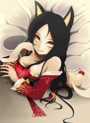 Rule 34 | 1girl, ahri (league of legends), animal ears, apoochin, black hair, breasts, dutch angle, female focus, fox ears, kitsune, kyuubi, large breasts, league of legends, long hair, looking at viewer, lying, multiple tails, on stomach, solo, tail