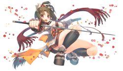 Rule 34 | 1girl, animal ears, aquaplus, braid, breasts, brown hair, female focus, from below, full body, hair ornament, highres, holding, holding sheath, holding sword, holding weapon, inui (utawarerumono), japanese clothes, katana, looking at viewer, medium breasts, mitsumi misato, official art, open mouth, red eyes, sandals, sheath, socks, solo, sword, tail, thighs, tongue, transparent background, utawarerumono, utawarerumono: lost flag, weapon