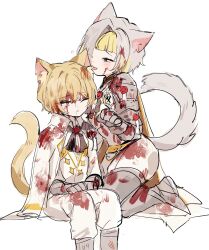 Rule 34 | 1boy, 1girl, animal ears, armor, blonde hair, blood, blood on clothes, blood on face, cape, cat boy, cat ears, cat girl, cat tail, gauntlets, grey eyes, grey hair, highres, kromer (project moon), limbus company, migishita, multicolored hair, project moon, shoulder armor, sinclair (project moon), tail, white cape, yellow eyes