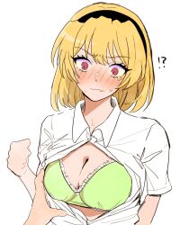 Rule 34 | !?, 1girl, 1other, aged up, black hairband, blonde hair, blush, bra, breasts, breasts out, cleavage, closed mouth, collared shirt, commentary request, embarrassed, eyelashes, fang, frilled bra, frills, grabbing, grabbing another&#039;s breast, green bra, hair between eyes, hairband, highres, higurashi no naku koro ni, houjou satoko, large breasts, looking at viewer, nose blush, open clothes, open shirt, partially unbuttoned, red eyes, shirt, short hair, short sleeves, simple background, sketch, skin fang, surprised, sweat, tsurime, underwear, wavy mouth, white background, white shirt, wide-eyed, yuno ff