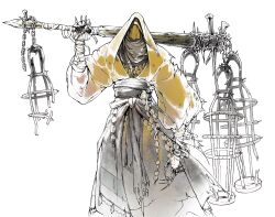 Rule 34 | 1boy, bandaged arm, bandages, blakcatte, cage, chain, club, club (weapon), facing viewer, feet out of frame, fingernails, hand up, highres, holding, holding weapon, hood, hood up, long sleeves, nail, orange robe, original, over shoulder, puffy sleeves, robe, sharp fingernails, solo, spiked club, torn clothes, torn robe, weapon, weapon over shoulder