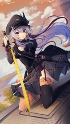 Rule 34 | 1girl, absurdres, black dress, black gloves, black thighhighs, blurry, blurry background, breasts, claudia (tower of fantasy), dress, dusk, elbow gloves, expressionless, gloves, hat, highres, holding, holding sword, holding weapon, long hair, looking at viewer, medium breasts, multicolored hair, outdoors, red eyes, shirase (shirose), sword, thighhighs, tower of fantasy, weapon