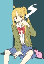 Rule 34 | 1girl, ahoge, blonde hair, blue background, blue skirt, bocchi the rock!, bow, bowtie, cigarette, collared shirt, commentary, gotoh hitori, gotoh hitori (tsuchinoko), green jacket, highres, holding, holding cigarette, ijichi nijika, jacket, long sleeves, parted lips, pleated skirt, red bow, red bowtie, school uniform, shimokitazawa high school uniform, shirt, side ponytail, sitting, skirt, smoke, smoking, solo, two-tone background, uud45gaotrcvkfg, white shirt, yellow eyes