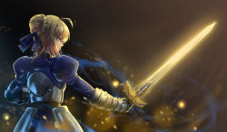 Rule 34 | 1girl, ahoge, armor, armored dress, artoria pendragon (all), artoria pendragon (fate), black background, blonde hair, blue dress, blue eyes, blue ribbon, braid, breastplate, closed mouth, dress, excalibur (fate/stay night), expressionless, fate/stay night, fate (series), faulds, french braid, from behind, gauntlets, glowing, glowing sword, glowing weapon, hair bun, hair ribbon, highres, holding, holding sword, holding weapon, juliet sleeves, long sleeves, looking away, looking to the side, outstretched arm, profile, puffy sleeves, re (re 09), ribbon, saber (fate), short hair, sidelocks, single hair bun, solo, standing, sword, weapon