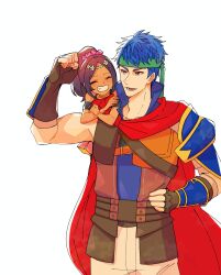 Rule 34 | 1boy, 1girl, black hair, blue collar, blue eyes, blue hair, carrying, circlet, clenched hand, closed eyes, collar, commentary request, crossed arms, dark-skinned female, dark skin, e8coofn0klibdx1, fire emblem, fire emblem engage, green hairband, grin, hairband, highres, ike (fire emblem), medium hair, nintendo, open mouth, piggyback, short hair, simple background, smile, standing, teeth, timerra (fire emblem), white background