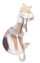 Rule 34 | 10s, 1girl, animal ear fluff, animal ears, blonde hair, bodysuit, breasts, buttons, closed mouth, eyebrows, facing away, fox ears, fox tail, full body, fur collar, grey hair, grey skirt, hand over eye, hand up, ise (0425), kemono friends, leaning, leaning forward, loafers, looking away, miniskirt, multicolored clothes, multicolored legwear, necktie, open clothes, open shirt, pantyhose, pigeon-toed, pleated skirt, shirt, shoes, short hair, short sleeves, simple background, skirt, small breasts, solo, standing, swept bangs, tail, tibetan fox (kemono friends), vest, white background, white footwear, white hair, white necktie, yellow eyes