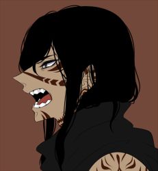 Rule 34 | 1boy, black hair, grey eyes, long hair, male focus, open mouth, puyora, scp-076-2, scp foundation, simple background, solo, tattoo, teeth