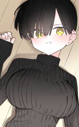 1girl black_hair blush breasts ear_piercing hair_over_one_eye highres large_breasts on_floor original piercing ribbed_sweater short_hair sleeves_past_wrists sweater turtleneck turtleneck_sweater wooden_floor yamaguchi_(noichi674) yellow_eyes