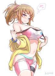 Rule 34 | 1girl, areola slip, armpits, bare shoulders, bike shorts, blue eyes, blush, breasts, brown hair, cleavage, closed mouth, cowboy shot, gundam, gundam build fighters, gundam build fighters try, hair ornament, hair scrunchie, highres, hoshino fumina, long hair, looking at viewer, medium breasts, navel, panties, ponytail, scrunchie, sidelocks, simple background, smile, solo, sparkle, sports bra, stomach, underwear, undressing, white background