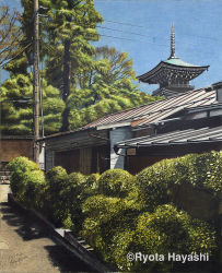 Rule 34 | artist name, building, bush, colored pencil (medium), commentary request, dated, day, hayashi ryouta, house, landscape, no humans, original, outdoors, pagoda, power lines, ryota884, scenery, signature, sky, traditional media, tree, watermark