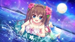 Rule 34 | 1girl, :d, ahoge, bikini, blue eyes, breasts, brown hair, cleavage, cloud, collarbone, dot nose, dutch angle, film grain, floral print, flower, full moon, game cg, hair flower, hair ornament, hibiscus, izumi tsubasu, large breasts, lens flare, looking at viewer, lying, moon, mountainous horizon, night, night sky, non-web source, ocean, official art, on innertube, on stomach, open mouth, outdoors, pink ribbon, pink trim, print innertube, re:stage!, ribbon, shikimiya aone, sky, smile, solo, sparkle, splashing, star (sky), starry sky, swimsuit, two side up, water drop, white bikini