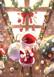 Rule 34 | &gt; &lt;, 1girl, :3, absurdres, ahoge, bad id, bad pixiv id, blush, boots, candle, candy, candy cane, christmas, christmas lights, christmas ornaments, christmas stocking, christmas tree, closed eyes, dress, food, fuzzy tan, genshin impact, gift, hair between eyes, hat, heart, highres, huge filesize, klee (genshin impact), long hair, long sleeves, looking at viewer, low twintails, mittens, red dress, red headwear, red ribbon, ribbon, santa boots, santa costume, santa hat, snowflakes, snowman, star (symbol), twintails, window