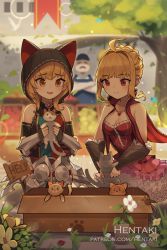 Rule 34 | 1boy, 2girls, :d, ahoge, animal ears, animal hood, apron, armored boots, artist name, bare shoulders, black gloves, blonde hair, blue apron, blue headwear, blurry, blurry background, blush, boots, box, breasts, brown eyes, cape, cardboard box, cat, cat ears, cat hood, cleavage, closed mouth, collarbone, commentary, crossed arms, depth of field, dragalia lost, dress, elbow gloves, emma (dragalia lost), english commentary, english text, fake animal ears, fang, fingerless gloves, flower, for adoption, frilled dress, frills, gloves, hair intakes, hentaki, holding own arm, hood, hood up, in box, in container, lea (dragalia lost), long hair, medium breasts, multiple girls, open mouth, red cape, red dress, red eyes, sidelocks, sign, smile, squatting, vambraces, watermark, web address, white flower, yellow flower