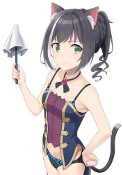 Rule 34 | 1girl, absurdres, animal ear fluff, animal ears, bare arms, bare shoulders, black hair, black panties, black ribbon, blush, breasts, brooch, camisole, cat ears, cat girl, cat tail, closed mouth, collarbone, cowboy shot, gem, green eyes, hand on own hip, highres, holding, jewelry, k-ya., karyl (princess connect!), long hair, looking at viewer, multicolored hair, navel, neck ribbon, panties, ponytail, princess connect!, purple gemstone, ribbon, simple background, small breasts, smile, solo, split mouth, streaked hair, tail, underwear, white background, white hair