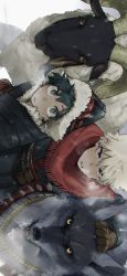 Rule 34 | 2boys, animal, bakugou katsuki, black coat, black headwear, blonde hair, boku no hero academia, breath, brown gloves, coat, commentary request, freckles, fur-trimmed headwear, fur trim, gloves, green eyes, green hair, hand on another&#039;s head, hat, highres, horizontal pupils, horns, kuwanosisyamo, long sleeves, looking at viewer, making-of available, male focus, midoriya izuku, multiple boys, official alternate costume, open mouth, parted lips, red eyes, red scarf, scarf, sheep, short hair, sideways, signature, spiked hair, wolf, yellow eyes