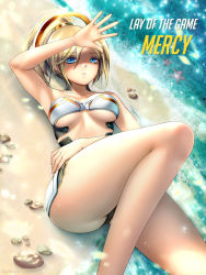 Rule 34 | 1girl, adapted costume, arm up, artist name, beach, bikini, blonde hair, blue eyes, breasts, character name, cowboy shot, gigamessy, hair between eyes, halo, high ponytail, looking at viewer, lying, mechanical halo, medium breasts, mercy (overwatch), no wings, on back, outdoors, overwatch, overwatch 1, parted lips, play of the game, revision, shading eyes, shore, signature, solo, swimsuit, underboob, white bikini