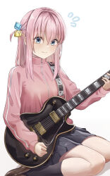 Rule 34 | 1girl, black skirt, black socks, blue eyes, blush, bocchi the rock!, brown footwear, closed mouth, commentary, cube hair ornament, electric guitar, flying sweatdrops, gibson les paul, gotoh hitori, guitar, hair ornament, highres, holding, holding instrument, instrument, jacket, loafers, long hair, looking at viewer, musson, one side up, pink hair, pink jacket, school uniform, shoes, shuka high school uniform, simple background, sitting, skirt, socks, solo, white background