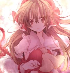 Rule 34 | 1girl, backlighting, bad id, bad pixiv id, bow, brown eyes, brown hair, close-up, detached sleeves, female focus, hair bow, hair ornament, hakurei reimu, japanese clothes, large bow, long hair, looking at viewer, miko, ribbon, riichu, solo, staring, touhou