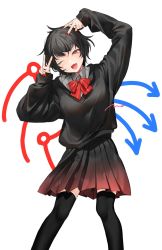 Rule 34 | 1girl, arms up, arrow (symbol), asymmetrical wings, black hair, black shirt, black skirt, black thighhighs, blouse, blush, bow, bowtie, breasts, brown skirt, collar, collared shirt, double v, gradient clothes, grey shirt, hands up, highres, houjuu nue, long sleeves, looking at viewer, makita (vector1525), medium breasts, nail polish, one eye closed, open mouth, puffy long sleeves, puffy sleeves, red bow, red bowtie, red eyes, red nails, red skirt, shirt, short hair, simple background, skirt, smile, solo, standing, thighhighs, touhou, v, white background, wings