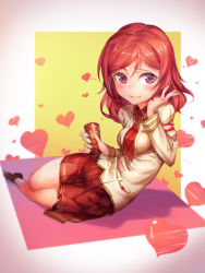 Rule 34 | 10s, 1girl, absurdres, blouse, clothes writing, happy valentine, heart, highres, looking at viewer, love live!, love live! school idol festival, love live! school idol project, miniskirt, nishikino maki, pg (pgouwoderen), pleated skirt, purple eyes, red hair, red skirt, school uniform, shirt, short hair, sitting, skirt, smile, solo, valentine