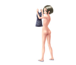 Rule 34 | 1girl, ass, breasts, from behind, highres, holding, holding clothes, looking at viewer, looking back, mitsu (komainumilk), nipples, nude, original, sandals, short hair, small breasts, solo, swimsuit, white background