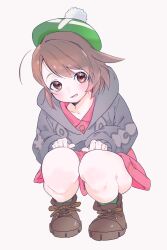 Rule 34 | 1girl, blush, brown eyes, brown footwear, brown hair, cardigan, collared dress, commentary request, creatures (company), dress, full body, game freak, gloria (pokemon), green hat, green socks, grey cardigan, hat, highres, hooded cardigan, knees, long sleeves, looking at viewer, nintendo, open mouth, pink dress, pokemon, pokemon swsh, shoes, short hair, smile, socks, solo, squatting, tam o&#039; shanter, valentine (02140314c), white background